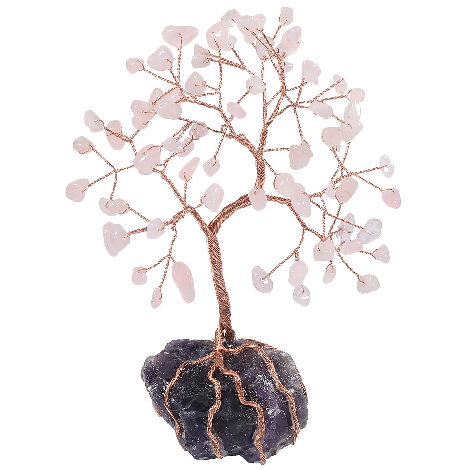 Nupuyai Rose Quartz Crystal Money Tree with Raw Amethyst Stone Base, Fengshui Crystals Figurine Healing Stone Spiritual Tree Ornament for Home Office Decor
