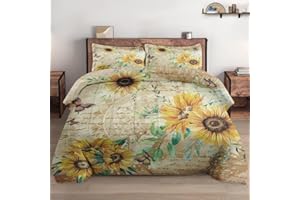 WeCozy Comforter Set Full Size, Flower Rustic Thanksgiving Soft Bedding Set with 2 Pillowcases for Kids and Adults, Sunflower Floral Yellow Comforter Set for Bedroom Bed Decor