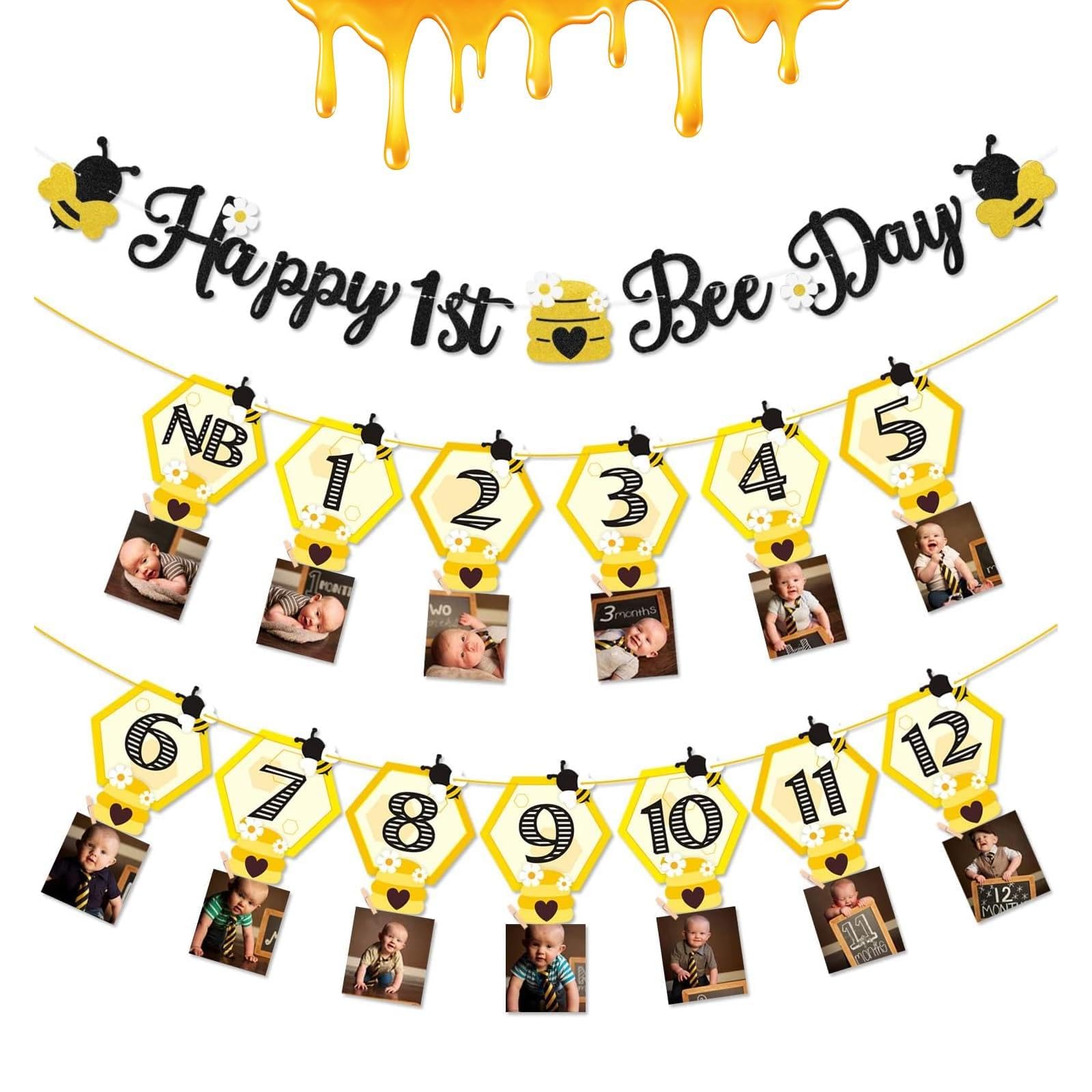 Photo 1 of 3PCS Happy Bee Day Party Decorations, Bumble Honey Bee 1st Birthday Baby Photo Banner for Newborn to 12 Months, Monthly Milestone Photograph Bunting Garland, First Birthday Celebration Decorations