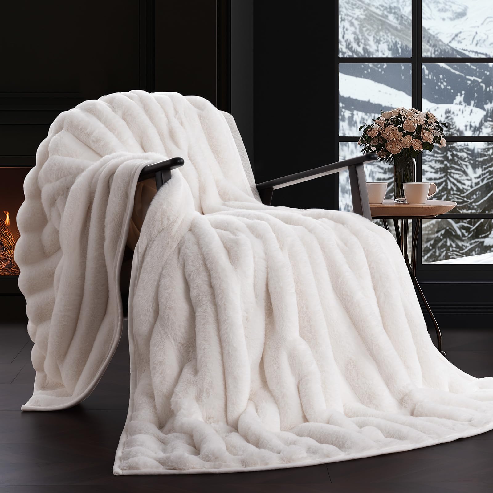 Photo 1 of EVERGRACE Soft Luxury Faux Rabbit Fur Throw Blanket for Couch, Cozy Fluffy Channel Throw Blanket for Bed, Fuzzy Warm Thick Mink Blanket with Reversible Velvet for Winter, Ivory White, 50"x60", 820GSM