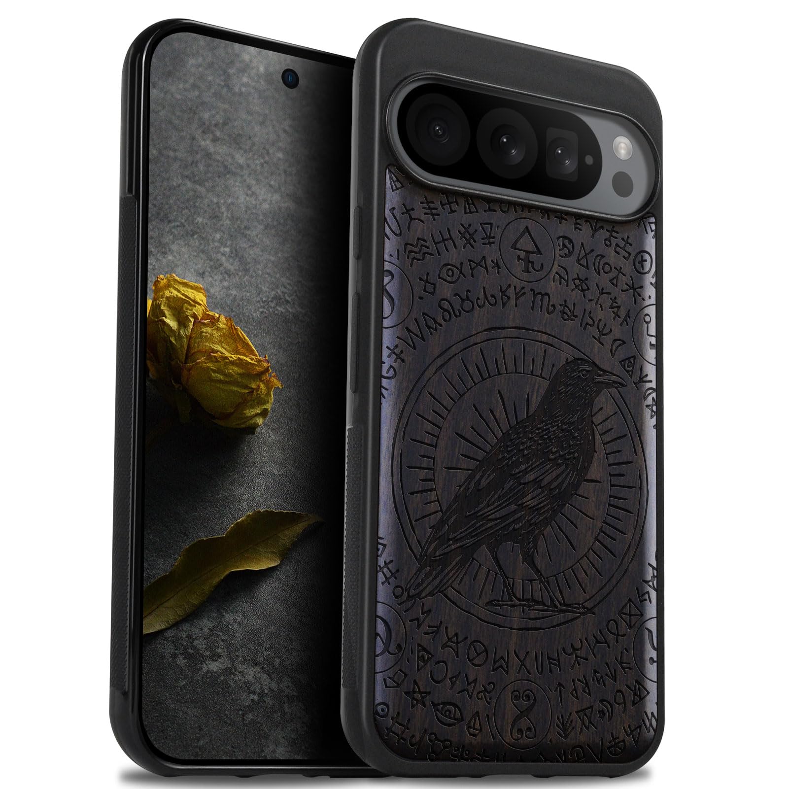 Carveit Wood Case for Pixel 9 Pro XL Case [Natural Wood & Black Soft TPU] Shockproof Protective Unique Wooden Cover Compatible with Google Pixel 9 Pro XL (The Haloed Crow-Blackwood)