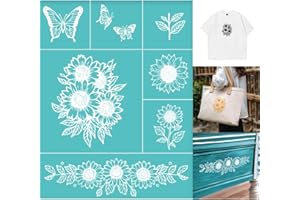 GOMAKERER 2 Sheets Sunflower Silkscreen Stencil, Flower Butterfly Painting Stencils Templates Reusable Self-Adhesive Silk Screen Printing for Wall Border Wood Fabric Home Craft Decor
