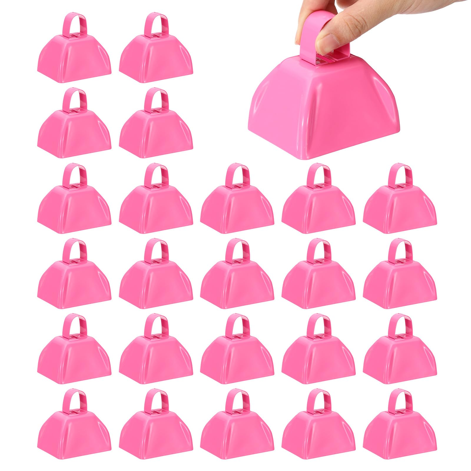 PATIKIL 24pcs Cow Bells for Football Games, 3inch Cowbells for Sporting Events Bulk Loud Noise Makers Metal Cow Bell with Handle for Cheering Wedding,Pink