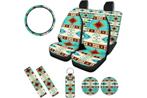 Horeset 10 Pcs Southwest Aztec Native Style Car Seat Covers Full Set Universal Car Accessories Tribal Navajo Seat Cover Steering Wheel Cover Seat Belt Pads Car Coaster Cup Holder for Women Men