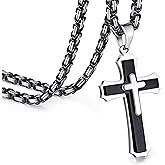 FLHEART Byzantine Cross Necklace for Men, Black Silver Stainless Steel Cross Chain Pendant Necklace Masculine Chunky Sturdy Mens Christian Jewelry Gift 22/24 Inch