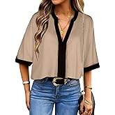 BAISHENGGT Beverlylady Women's Blouses Dressy Casual Color Block Notch V Neck Half Sleeve Printed Loose Chiffon Tops