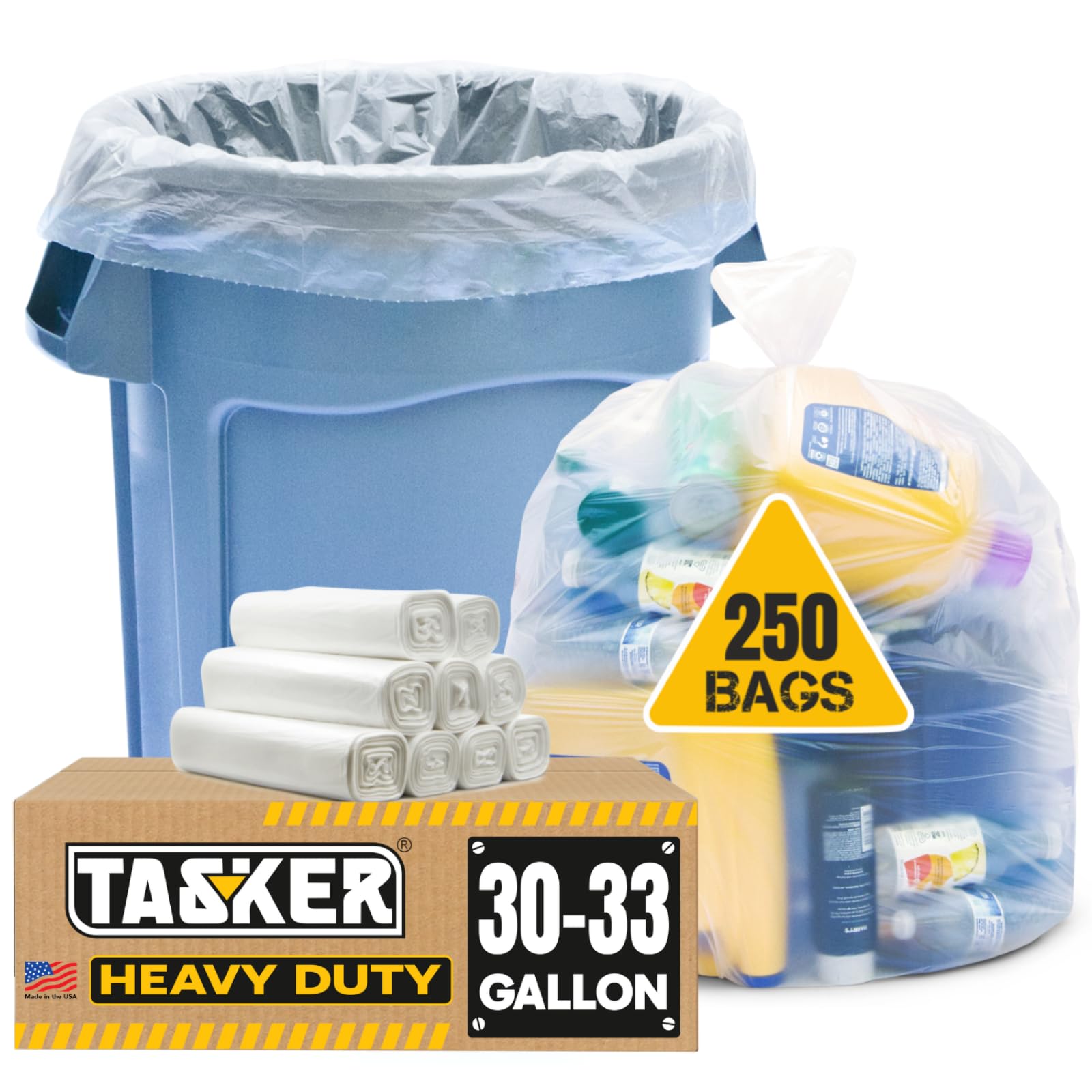 Photo 1 of Tasker 30-33 Gallon Clear Trash Bags Heavy Duty (Mega ValuePack 250 Bags) Large Plastic Bags, Great for Recycling 30 Gallon - 32 Gallon - 35 Gallon. Clear Large Trash Bags