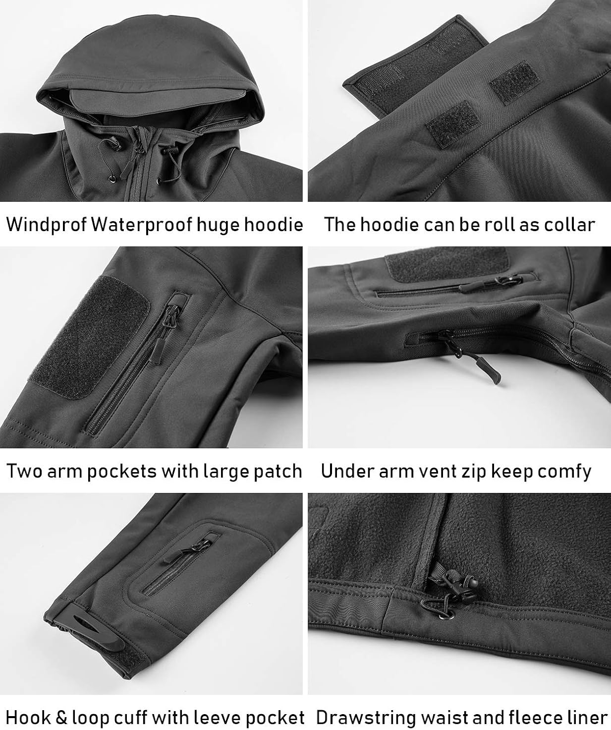 CARWORNIC Men's Outdoor Waterproof Soft Shell Hooded Tactical Jacket Warm Fleece Military Hiking Jacket: Clothing