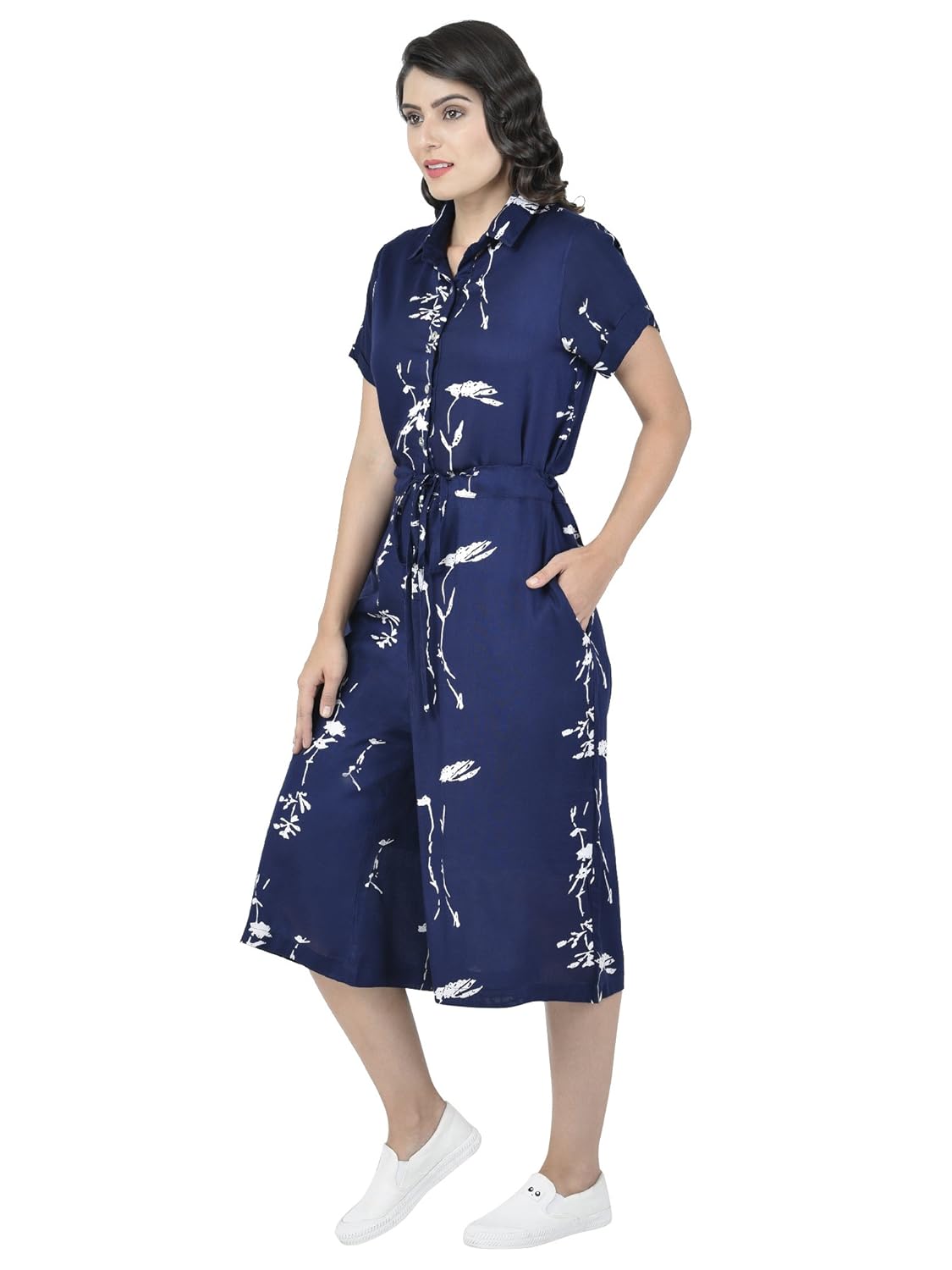 martini women blue printed drawstring calf length jumpsuit