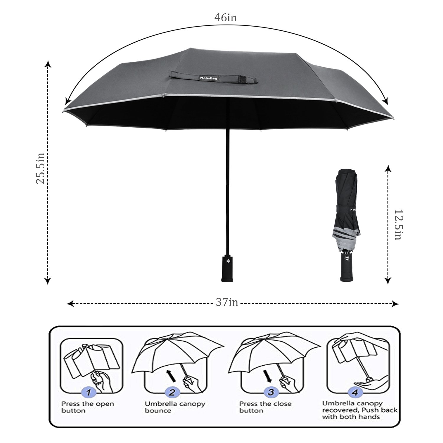 LED Flashlight Umbrella,Monstleo Compact Travel Umbrella,Fully-Automatic Folding Umbrella with Rotating Led Lighting Handle