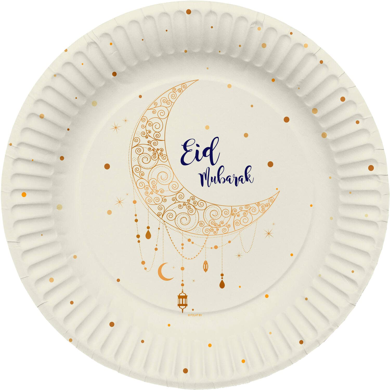 Folat 24907 Eid Mubarak Plates Star Moon White Gold 23 cm Pack of 8 Ramadan Aid Mubarak