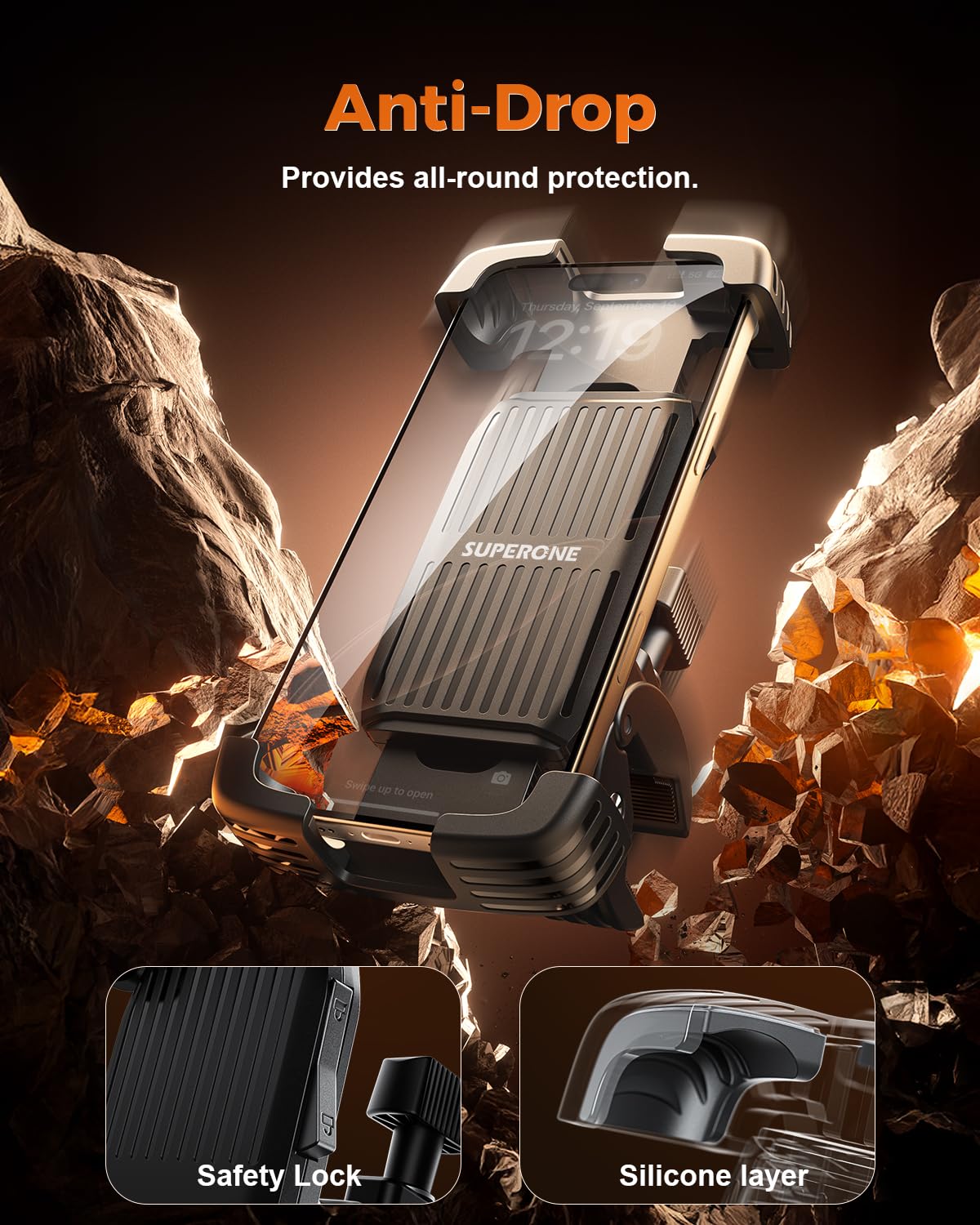 SUPERONE Bike Phone Holder, [1s Lock] Motorcycle Phone Mount, [Anti-Shake] Handlebar Cell Phone Clamp, Scooter Phone Clip for Handlebars with Diameters 0.65-1.2 in, Suitable for 4.7-7.2 in Phones