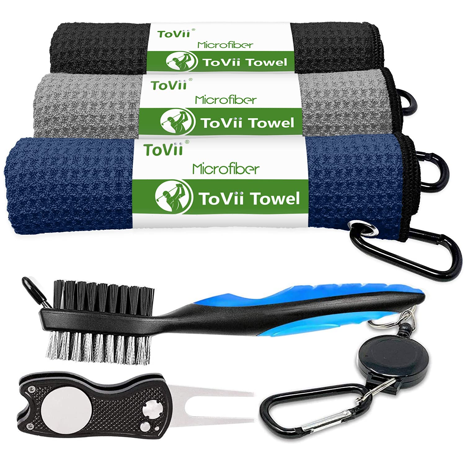 ToVii Golf Towel Microfiber Waffle Pattern Club Groove Cleaner Brush Foldable Divot Tool Golf Gifts Accessories Set