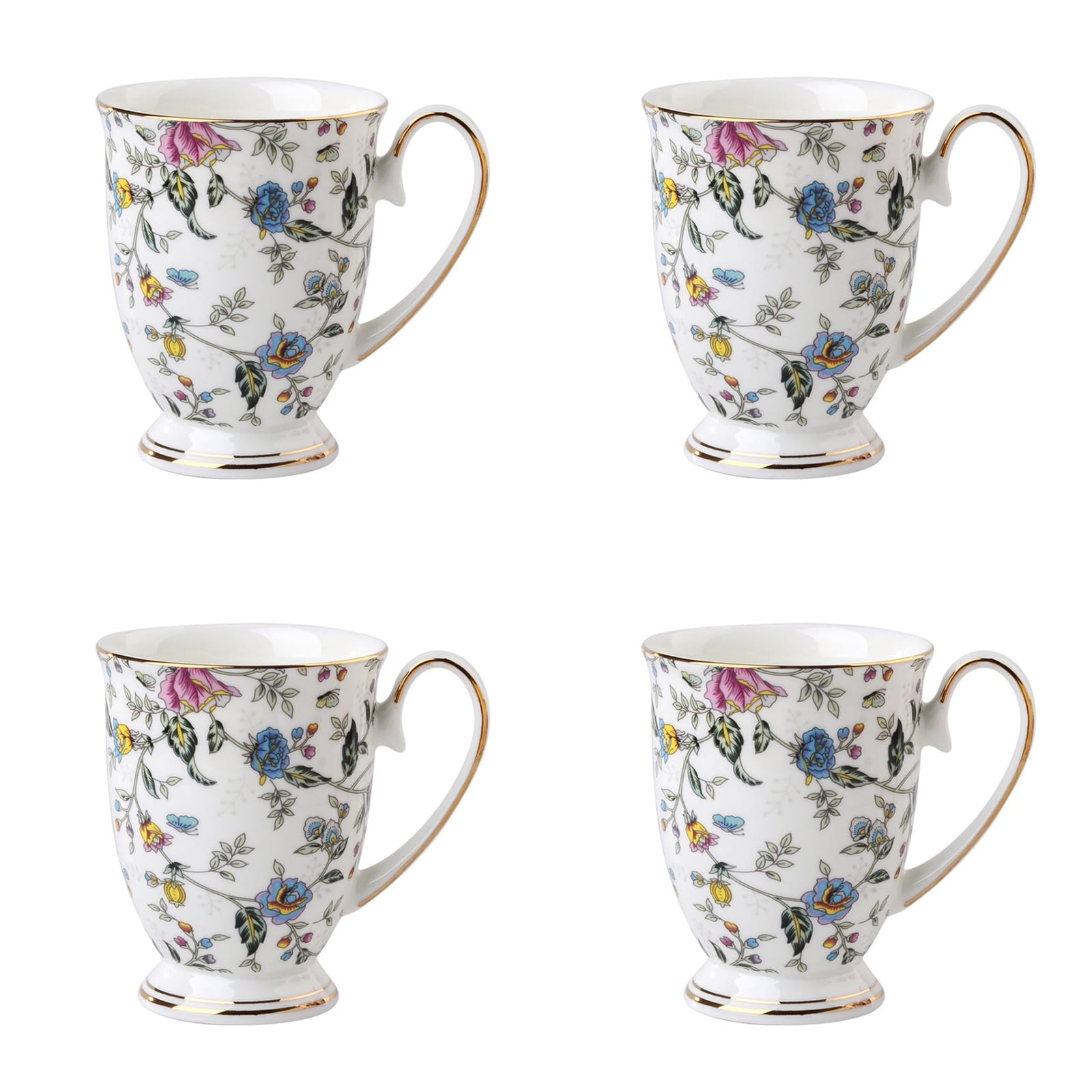 Porcelain Mugs Set of 4, 11 oz/312 ml New Bone China Floral Coffee Tea Water Cup, Coffee Latte Cappuccino Home Kitchen Office Gift Mugs Set
