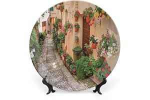 XISUNYA 7 Inch Decorative Plate, Tuscan Ceramic Craft, Tuscan House Rustic Wooden Door and Colorful Flowers Print Ceramic Wall Hanging for Home & Office Wall Hanging Decor, Multicolor