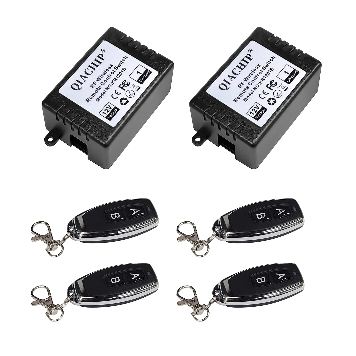 QIACHIP DC 12V Remote Control Switch 433Mhz Universal Wireless RF Relay Receiver Module with 4 Transmitters Garage Door Remote for access control, Light, Gate door, DIY Controller