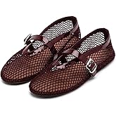 Women's Mesh Ballet Flats Buckle Strap Comfortable Ballerina Shoes Ladies Clear Fishnet Wide Width Flats for Women Slip-on Casual Dress Mary Jane Flats Fall 2025