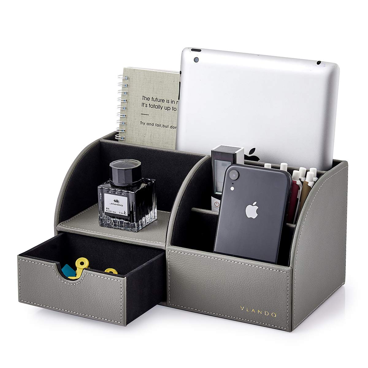 Vlando Elegant Desk Organiser with 5 Compartments, Pen Holder, includes Drawer, Leather, Multifunctional Office Organiser for Mobile Phone, Remote Control, Gifts