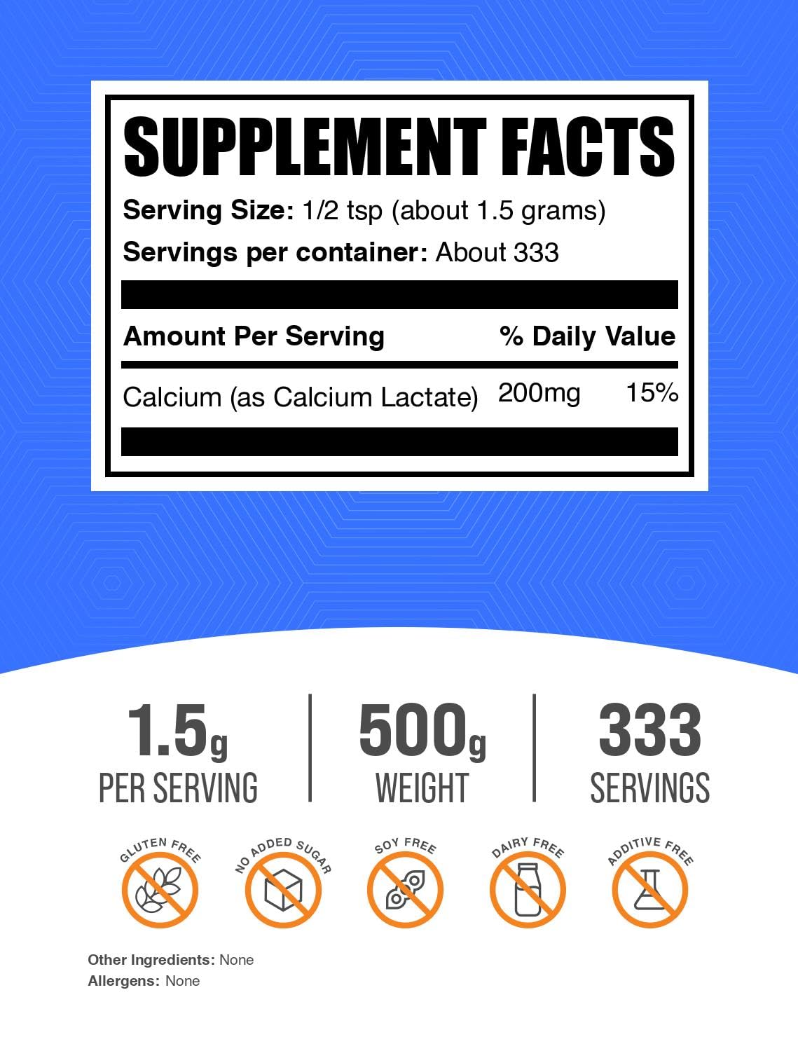 BulkSupplements.com Calcium Lactate Powder - Calcium Supplement Powder, Food Grade - Pure & Gluten Free, 1.5g per Serving, 500g (1.1 lbs) (Pack of 1)