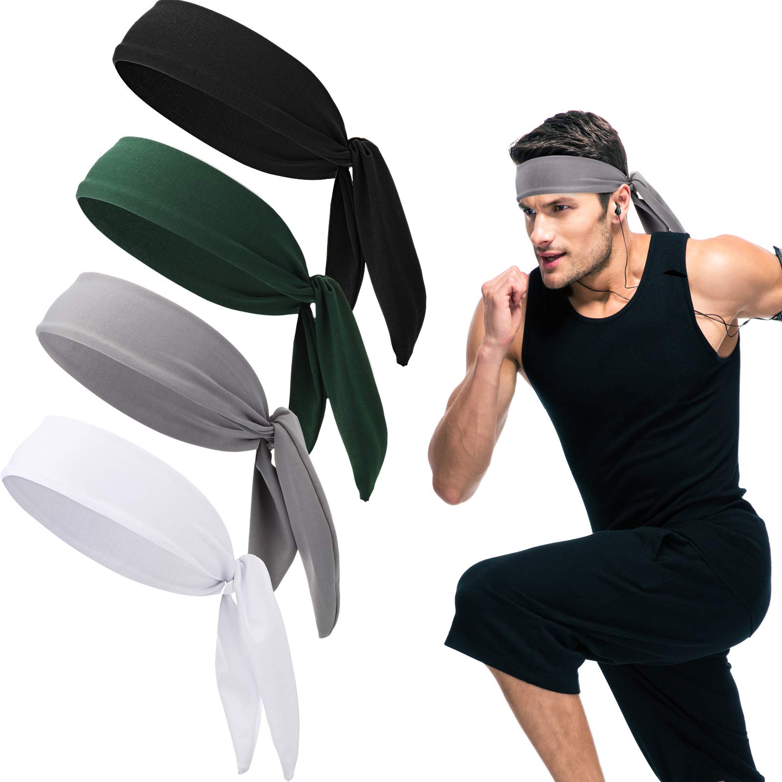 4 Pack Sports Tie Headbands for Men Women Karate Ninja Headband Tennis Head Tie Back Bandana Sweatbands Elastic Stretchy Adjustable Non Slip Hair Band for Basketball Running Athletic Exercise Workout