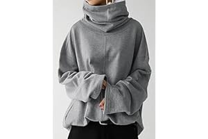 Women's Gray Polyester Turtleneck Top: Oversized Long Sleeve Pocket Casual Warm Pullover