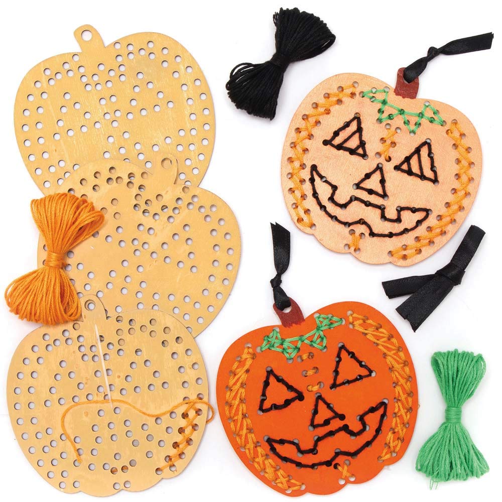 Baker Ross AX248 Pumpkin Wooden Cross Stitch Decoration Kits - Pack of 5, Halloween Decorations for Kids to Make and Display, Ideal Kids Arts and Crafts Project