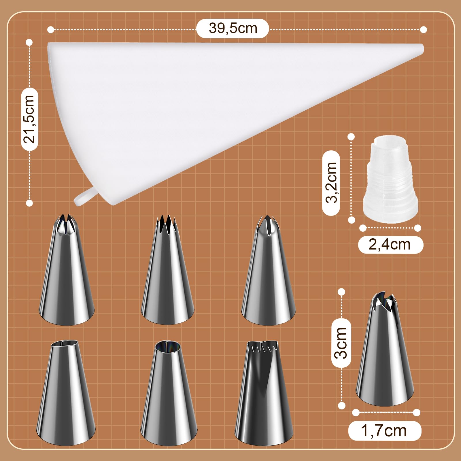 HAKACC Spritzbeutel-Set, 1 Wiederverwendbaren Spritzbeutel + 7 Spritztüllen + 1 Kuchen Kupplung + 1 Kleinen Pinsel für Backzubehör Torten Dekoration Cupcakes