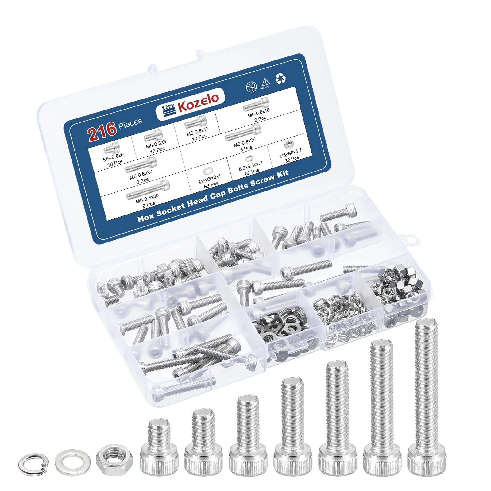 Kozelo 216pcs M5 Socket Head Cap Screws Bolts Nuts Assortment Kit - [M5x6/8/12/16/20/25/30mm] 304 Stainless Steel Allen Socket Drive for 3D Printer