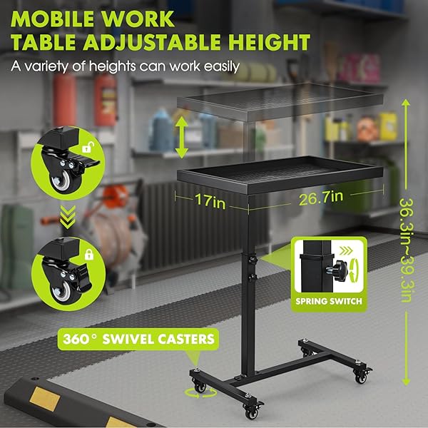 OLBRUS ADJUSTABLE WORK TABLE WITH WHEELS, MECHANIC ROLLING TOOL TRAY TABLE FOR GARAGE REPAIR SHOPS DIY, 220LBS CAPACITY MOBILE HEAVY DUTY STEEL TOOL CART (BLACK)