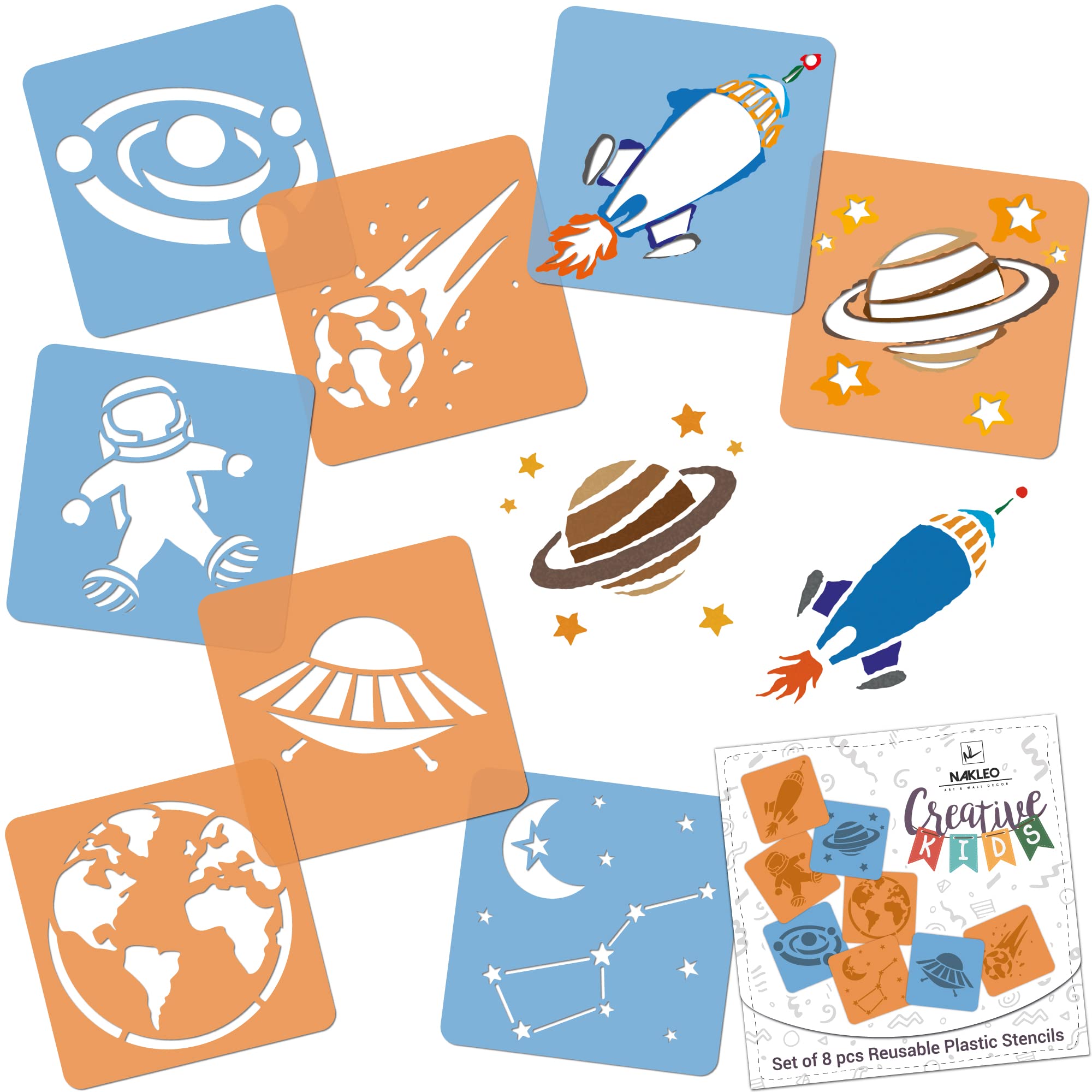 NAKLEO Painting Stencils for Kids, 8 Pcs Set 15x15cm Space Universe, Children Creative Drawing Templates Plastic and Reusable, DIY Decoration Arts and Crafts, Paper Wall Wood Fabric