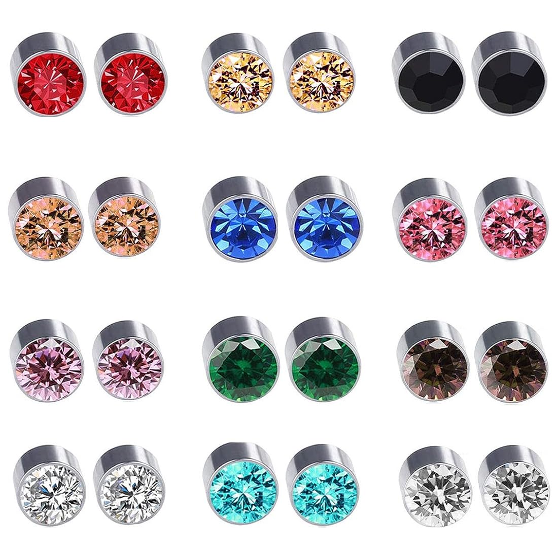 LIUJZZJ 12 Pairs Crystal Rhinestone Magnetic Clip Non Piercing Earrings Fashion Jewelry(Multi-Color)
