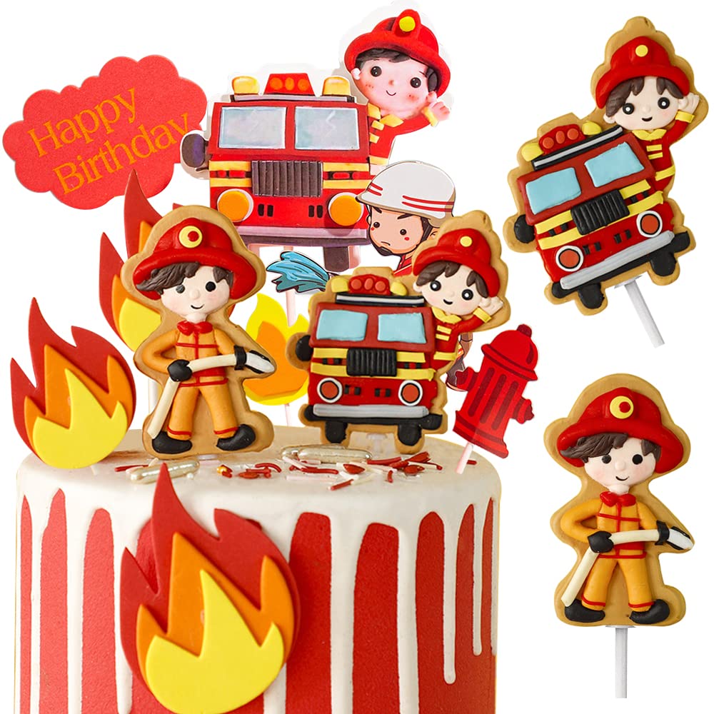 MEZHEN Fireman Cake Topper, 10pcs Fire Engine Cake Decoration, Soft Ceramic Premium Quality Birthday Cake Decorations, Children's Birthday Party Decorations, Firefighter Themed Cake Toppers