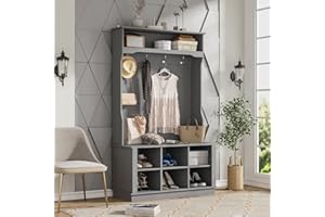AIEGLE hall tree with Bench, 3-in-1 Entryway Coat Rack with 6 shoe storage Cube and 4 Hanging Hooks, Grey (39.8" L x 17.3" W x 67.1" H)