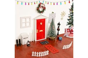 WILDPARTY 19 Pcs Red Miniature Tooth Fairy Door Kit Christmas Mini Wooden Tiny Door with Accessories Fairy Tale Pretend Playset Dollhouse for Girls Kids Gift Garden Decoration DIY