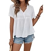 SweatyRocks Women's Short Sleeve Lace Trim Blouse V Neck Ruffle Hem Peplum Shirt Tops