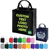AT1nTen Custom Tote Bags 100/200 Pack Personalized Bulk Customizable Grocery Bags, Customized Reusable Shopping Bags with Logo Text, Handles, For Promotional Items, Business Branding Trips Mall Fair | Water-Resistant