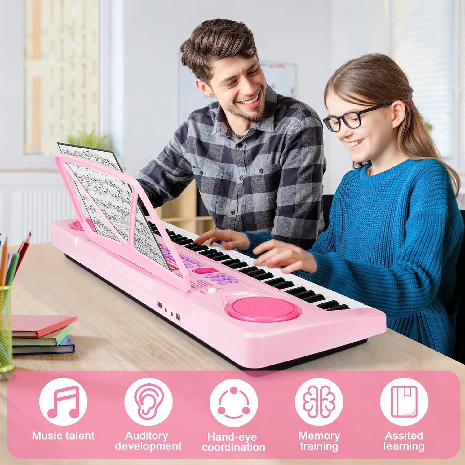 WOSTOO Kids Keyboard Piano, Portable 61 Keys Keyboard Electronic Digital Piano, Early Learning Educational Musical Piano Toy Keyboard for Beginners with Music Stand, Microphone (Pink) ?