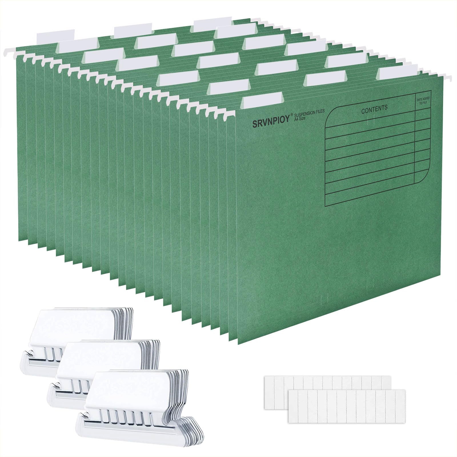 Srvnpioy 25Pcs A4 Suspension Files with Tabs and Card Inserts for Filing Cabinet Files, Cardboard Paper A4 Hanging Filing Folders for School Home Work Office Paperwork Organization (Green)