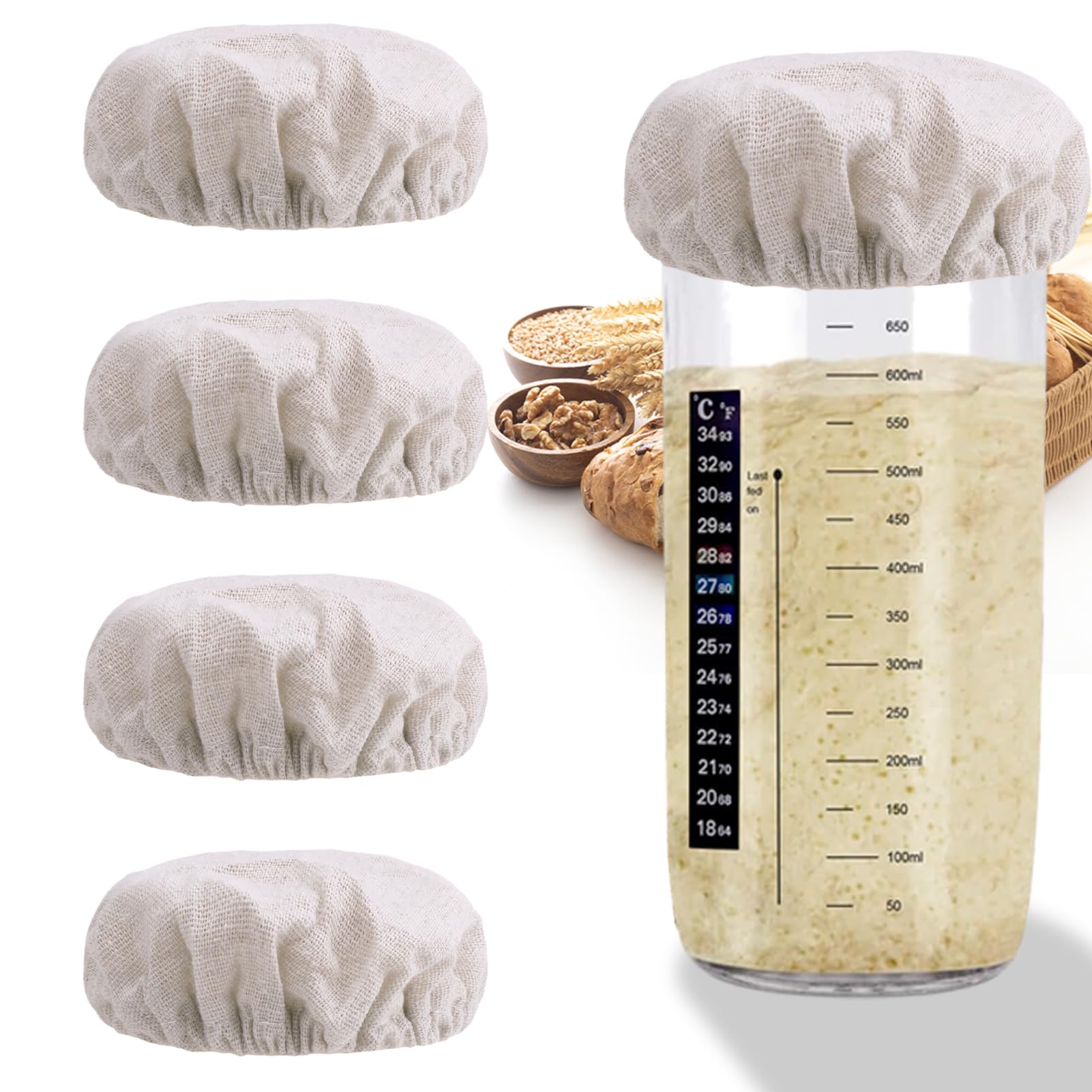 Photo 1 of Vodolo 100% Cotton Sourdough Jar Cover,5 PCS Reusable Sourdough Bread Proofing Starter Jar Cloth Covers for Most Glass Mason Sour Dough Crock