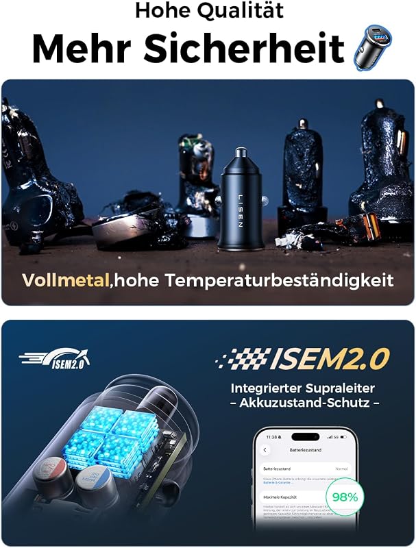 54W Zigarettenanzünder USB C, PD&QC3.0 Auto Ladegerät KFZ