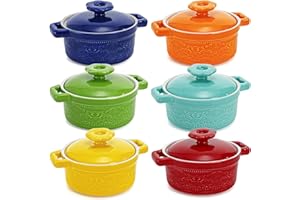 Hacaroa Set of 6 Mini Cocotte with Lid, 8 Oz Ceramic Ramekins with Handles, Small Casserole Dishes Individual Serving Pot for