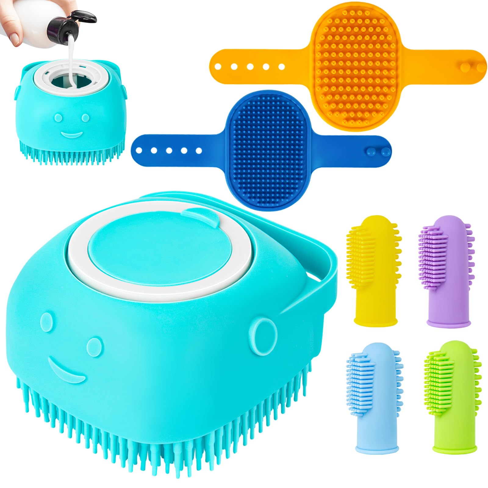 Photo 1 of Ponpon 3PCS Dog Bath Brush with 4Pcs Toothbrush, Scrubber and Shampoo Brush with Adjustable Ring Handle, Shower Brush for Long and Short Hair