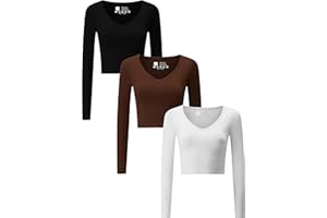 CHONGBAIJIA 3 Piece Women's V Neck Long Sleeve Crop Tops Lightweight Stretch Fitted Cropped Top for Women Workout Gym Exercise Yoga