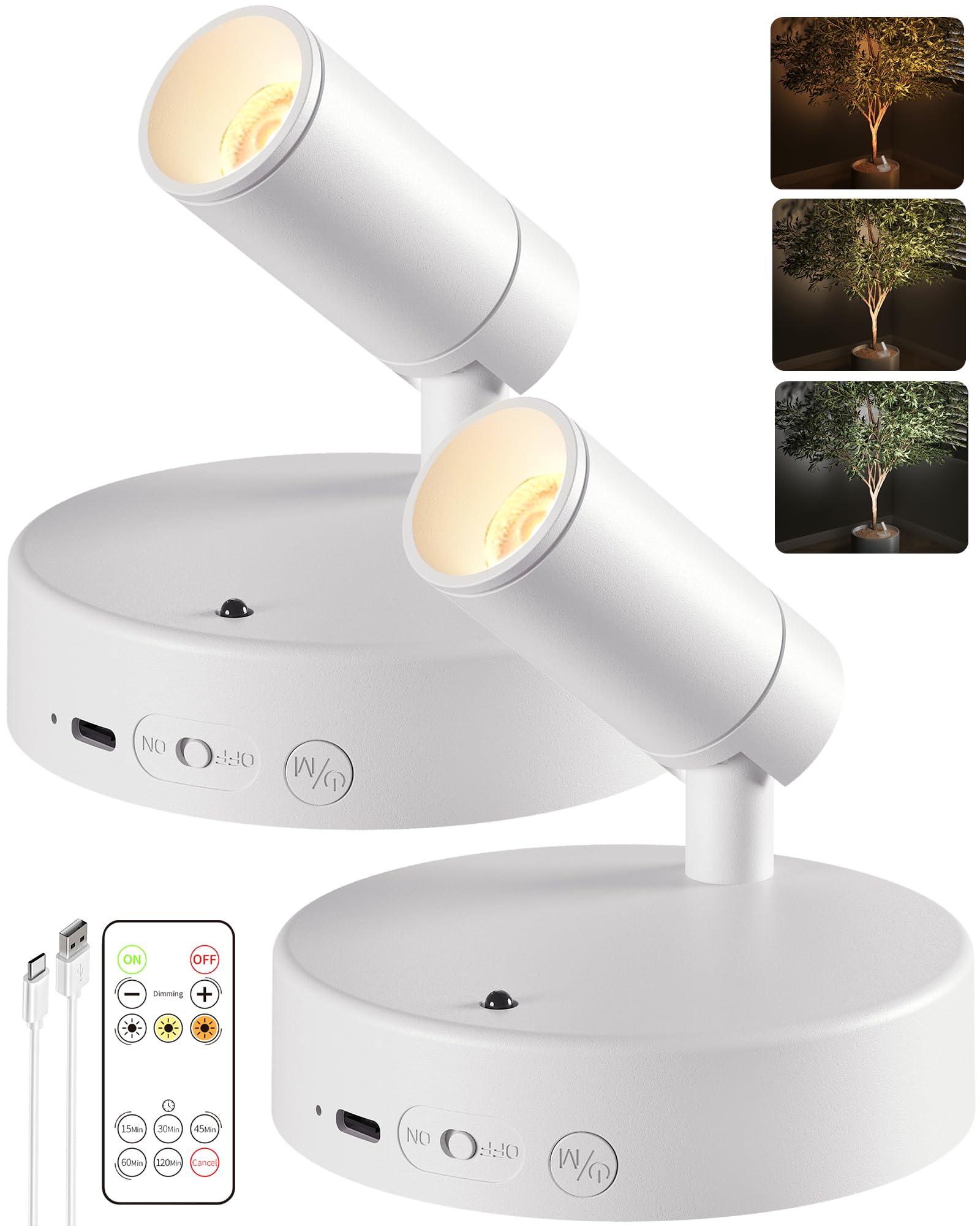 Photo 1 of EZVALO Spot Lights Indoor,5500mAh Rechargeable Picture Lights with Remote,Wireless Mini Art Accent Spot Lights with Timer?Dimmable, 3CCT, Uplights Indoor for Plants,Display,Artwork(2Pack-White)
