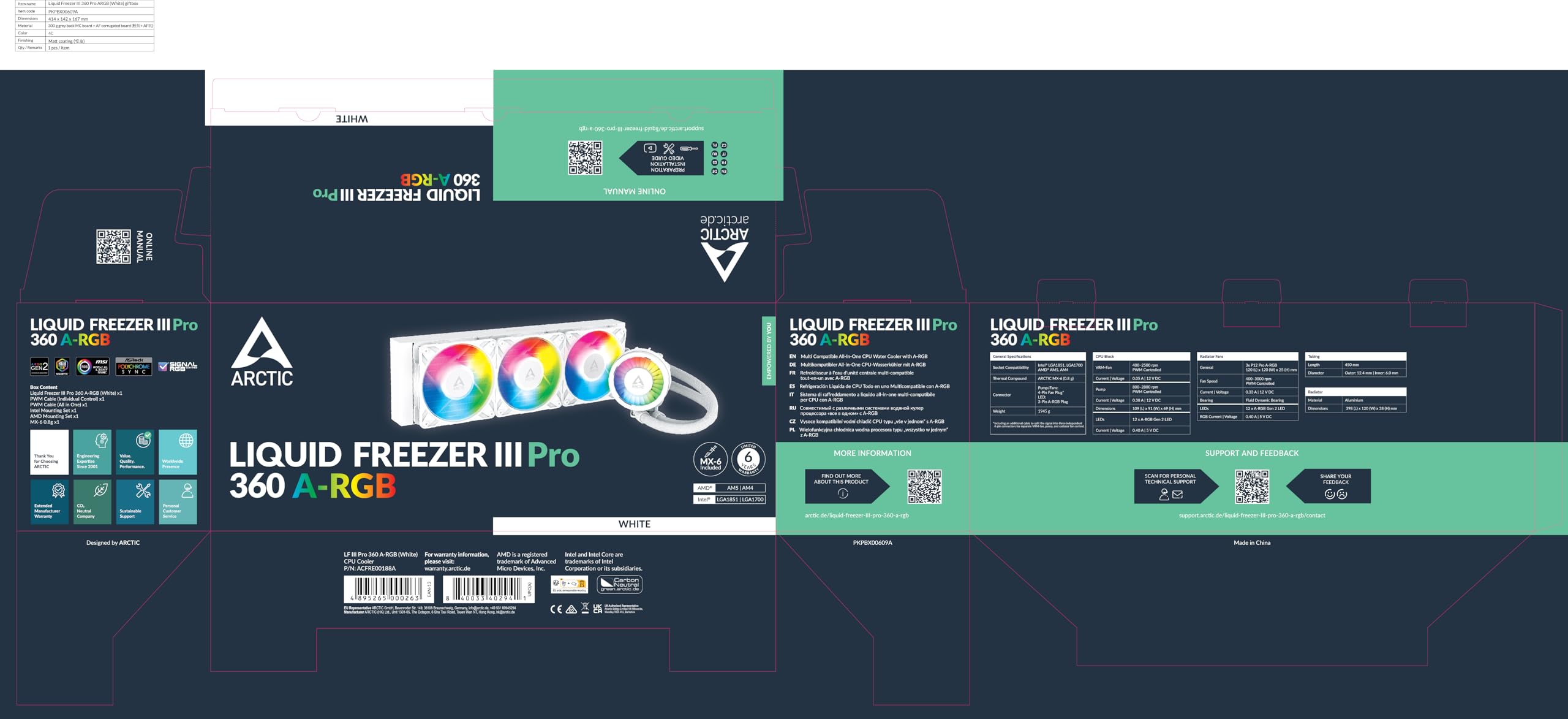 ARCTIC Liquid Freezer III Pro 360 A-RGB (White) - AIO CPU Cooler, 3 x 120 mm Water Cooling, 38 mm Radiator, PWM Pump, VRM Fan, AMD AM5/AM4, Intel LGA1851/1700 Contact Frame - White