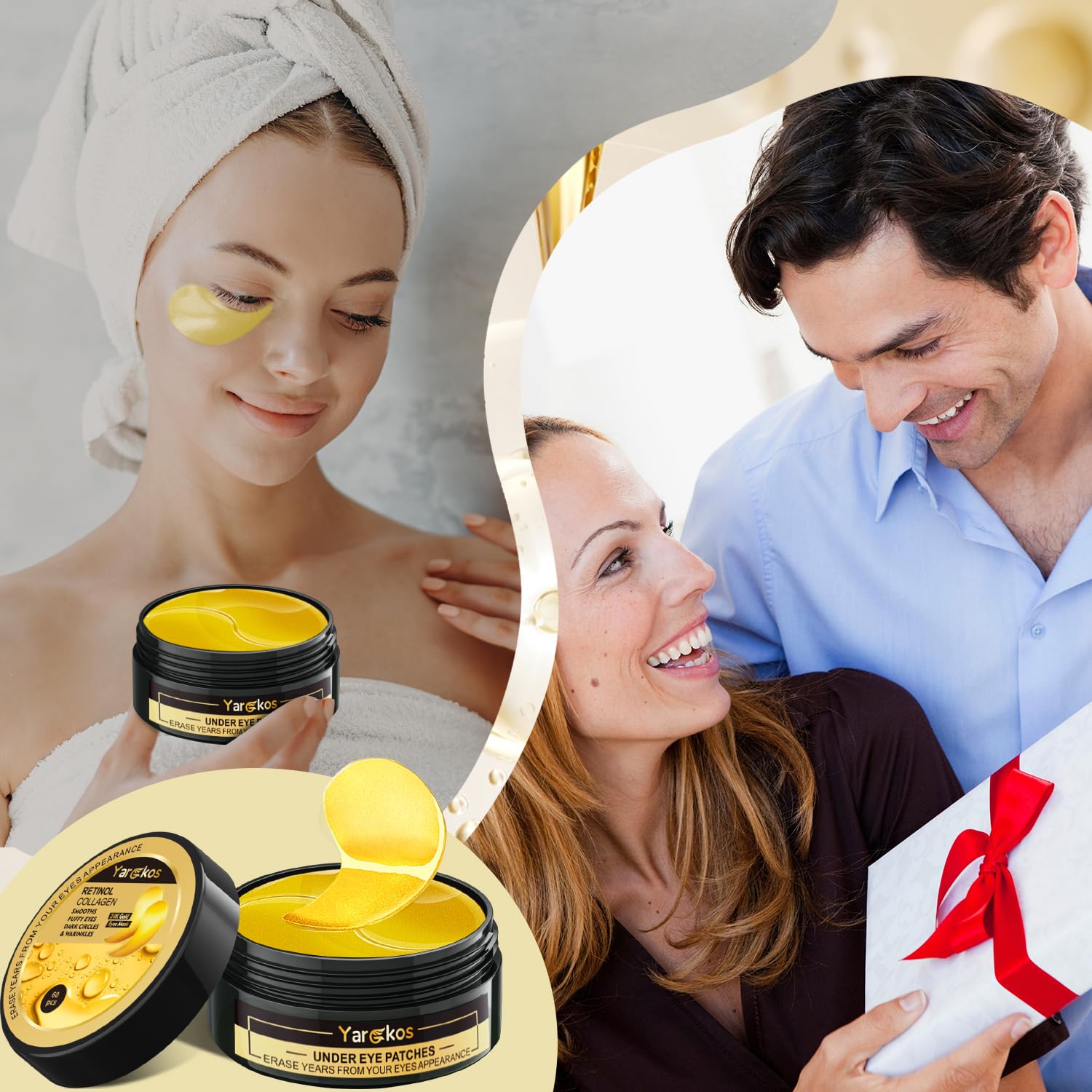 60 Pcs 24K Gold Under Eye Patches, 30 Pairs Undereye Mask for Dark Circles Puffy Eyes Treatment, Collagen Gel Pads Hydrating for Eye Bags Puffiness Wrinkle, Women Men Beauty Skin Care Products