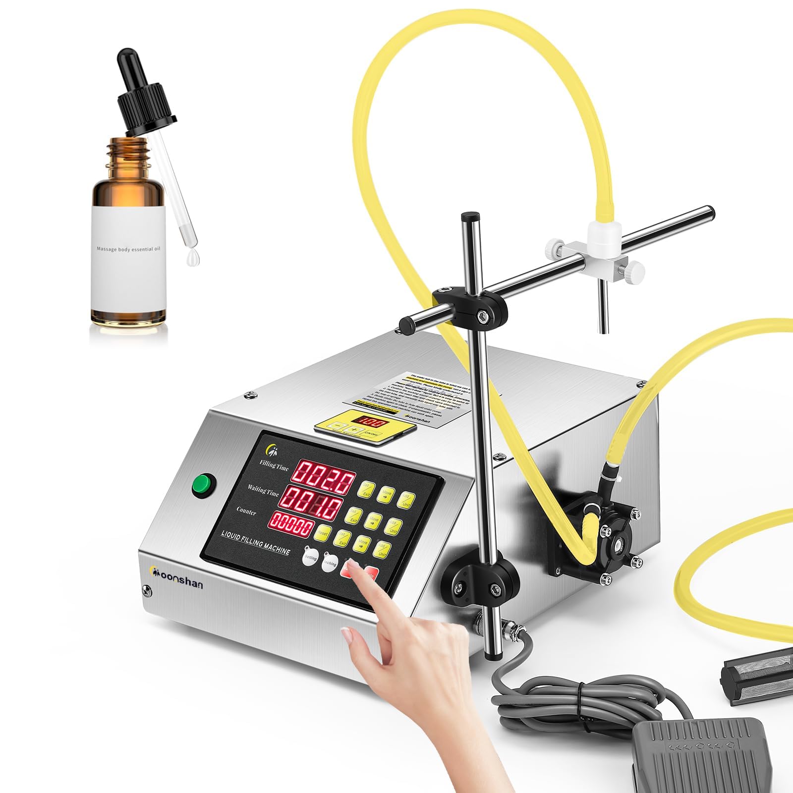 Photo 1 of Moonshan Liquid Filling Machine 0.1-5 Fl Oz Peristaltic Pump Bottle Filler Machine Automatic Bottling Machine Digital Control for Cosmetic Oil, Essential Oil, Wine, Beverage, Lotion(Single Nozzle)