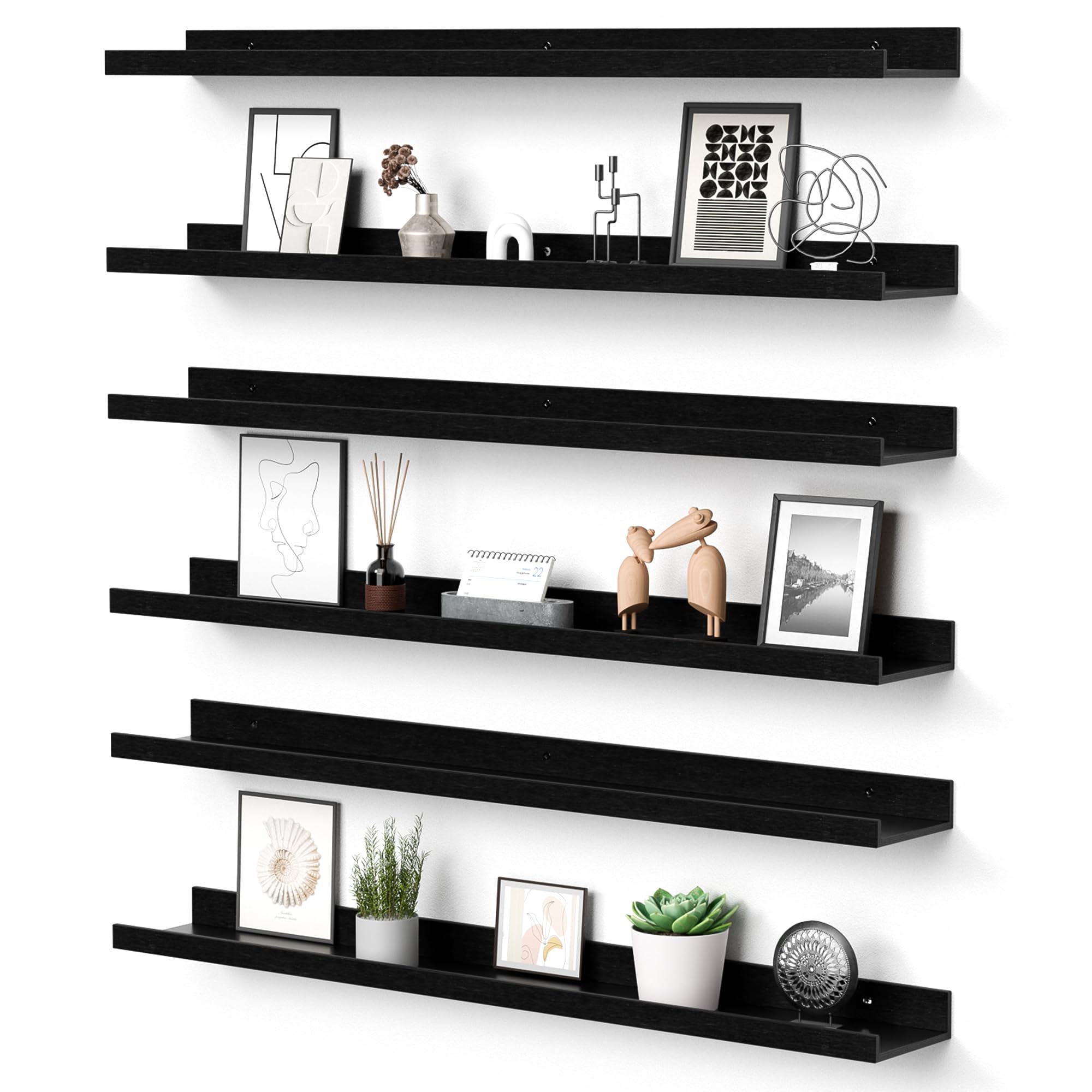 Photo 1 of upsimples Floating Shelves for Wall, Wall Shelves for Decor Storage Set of 6, Wall Mounted Wood Shelf for Bedroom, Living Room, Bathroom, Kitchen, 35.5 inch Long Picture Ledge Shelf, Black