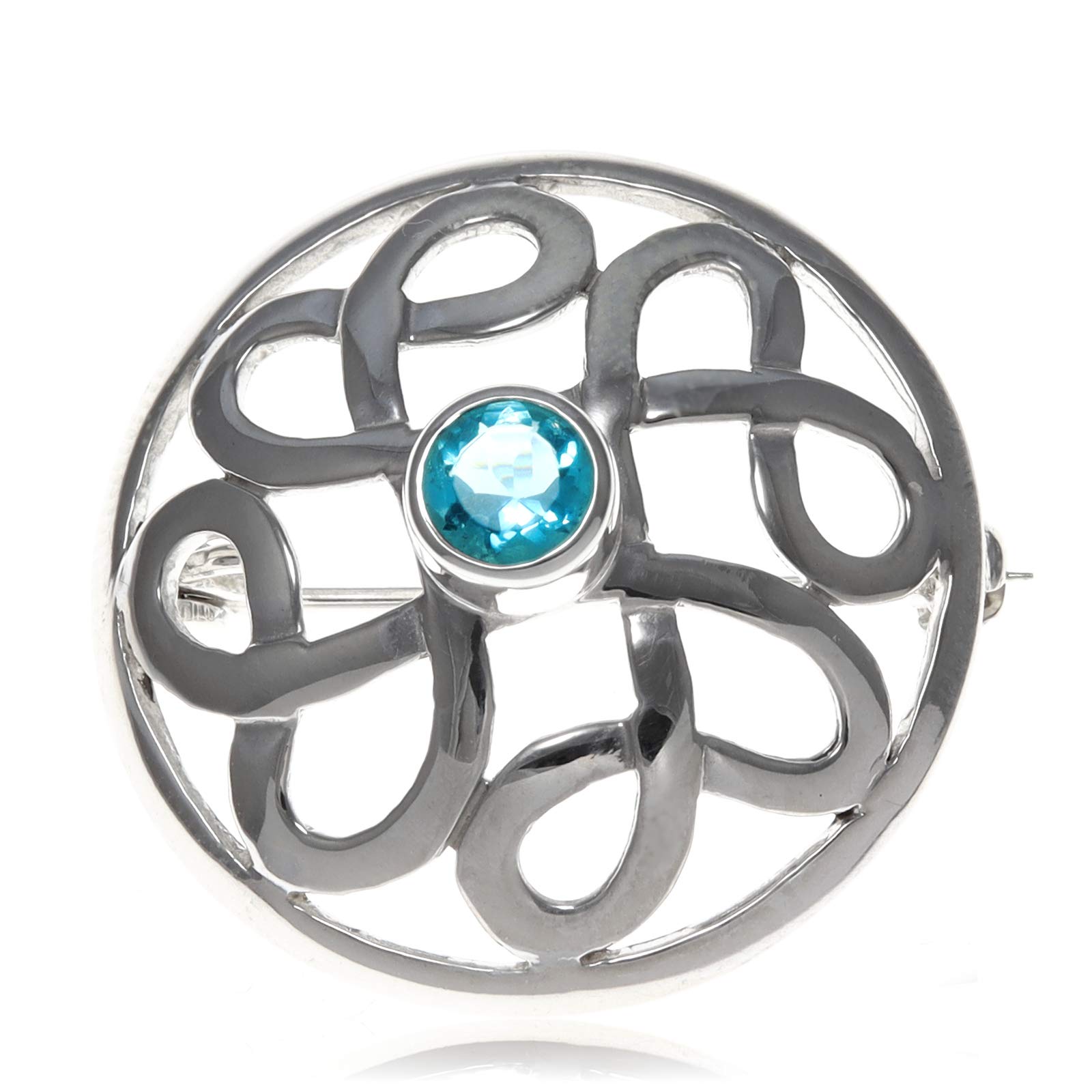 Alexander Castle 925 Sterling Silver Celtic Brooch for Women - Ladies Brooch Pin with Blue Cubic Zirconia & Jewellery Gift Box - 28mm