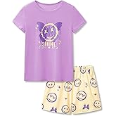 Beezizac Girls Cotton Sleepover Pajama Set for Little & Big Girls Short Sleeve Set 2-Piece PJ Size 4T-18
